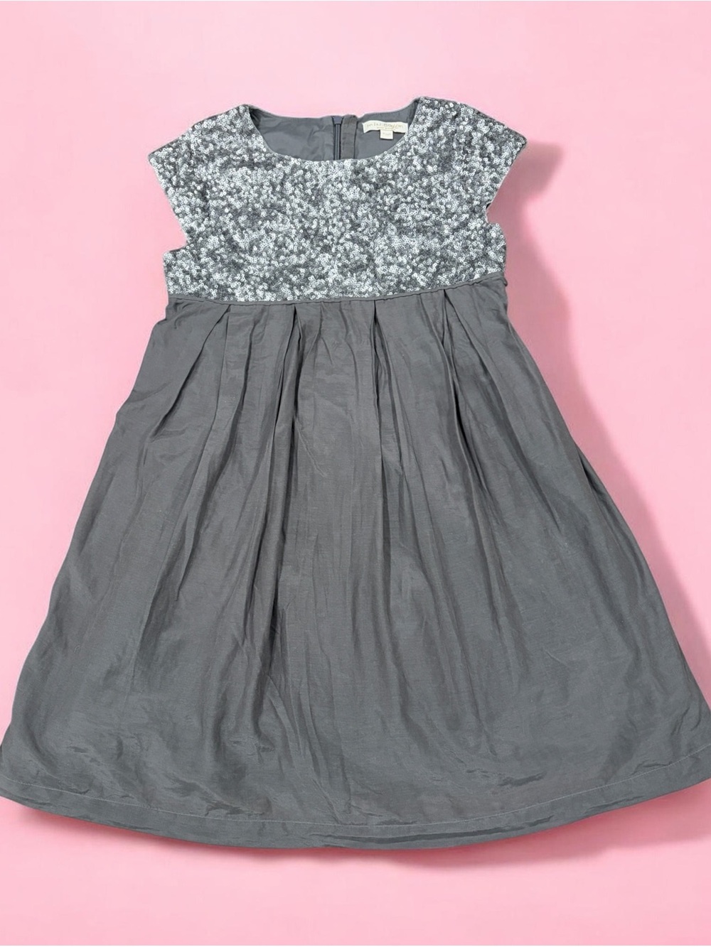 Mini Boden Gray Sequin Bodice and Silk A-Line Short Sleeve Dress Sz Girls 9-10